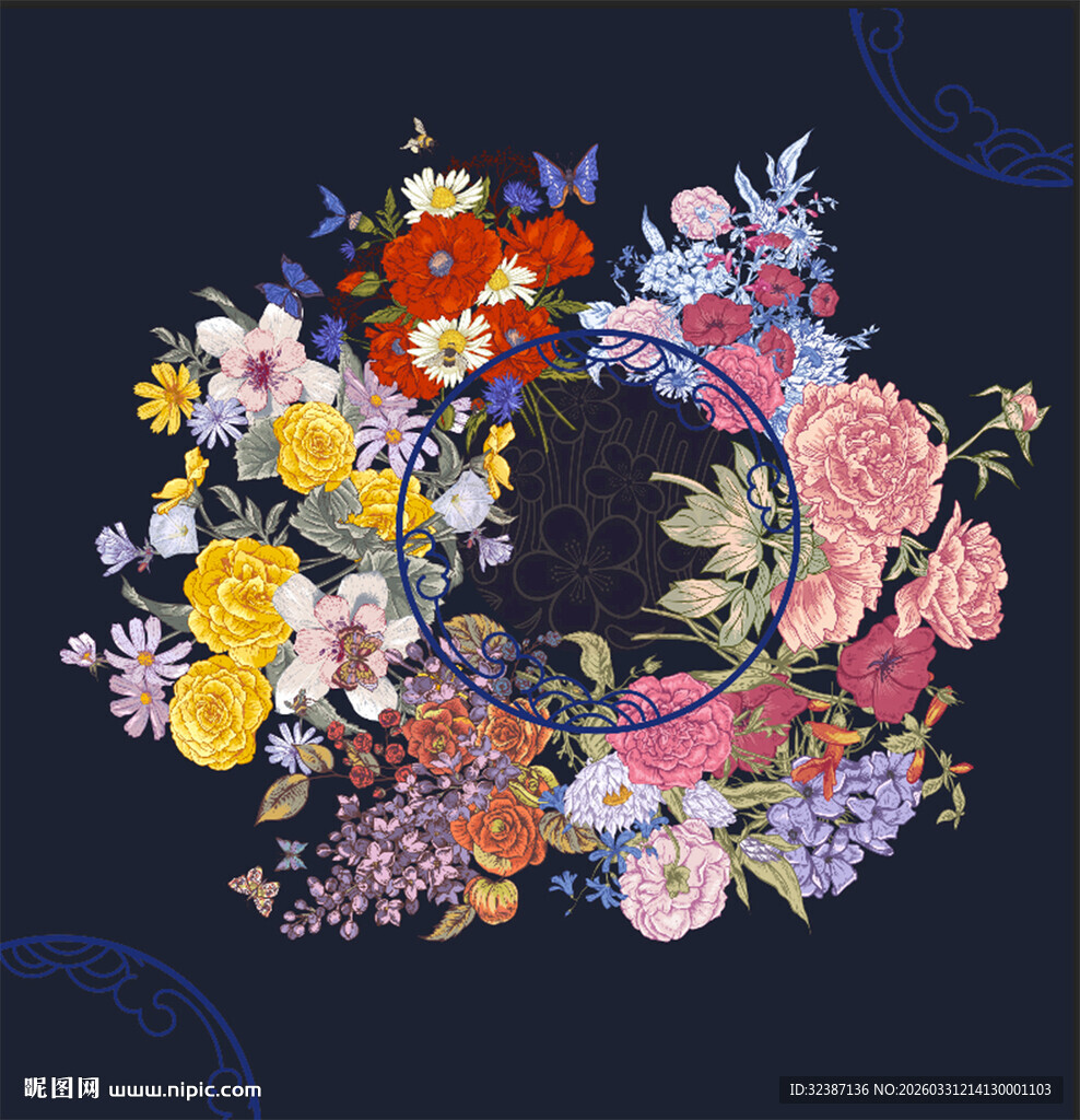 多彩花卉圆形图案设计