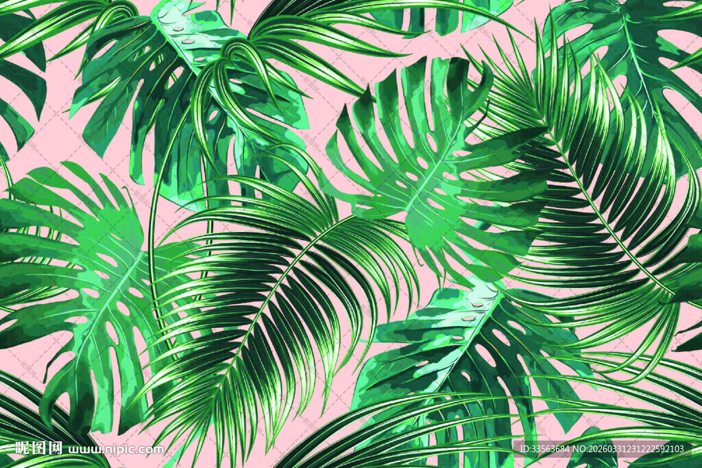 粉色背景的热带绿叶图案