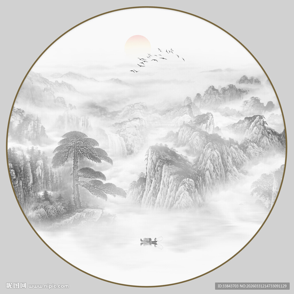 圆形意境水墨山水画