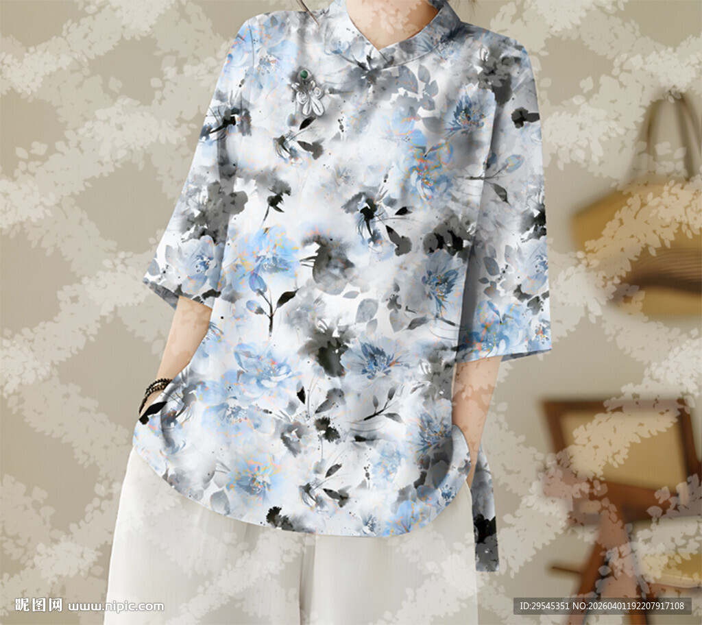 中式水墨风数码印花 手绘花