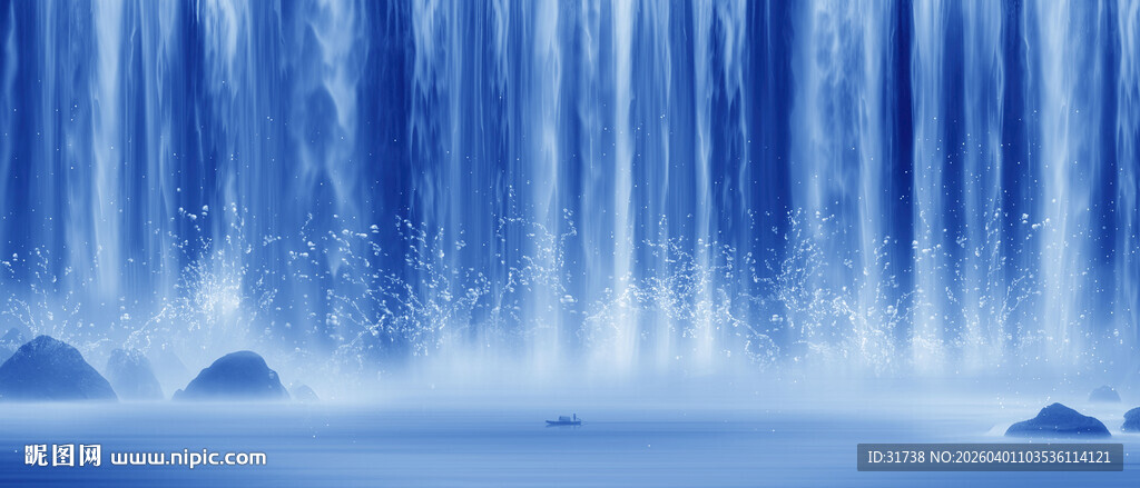 流水生财瀑布山水画