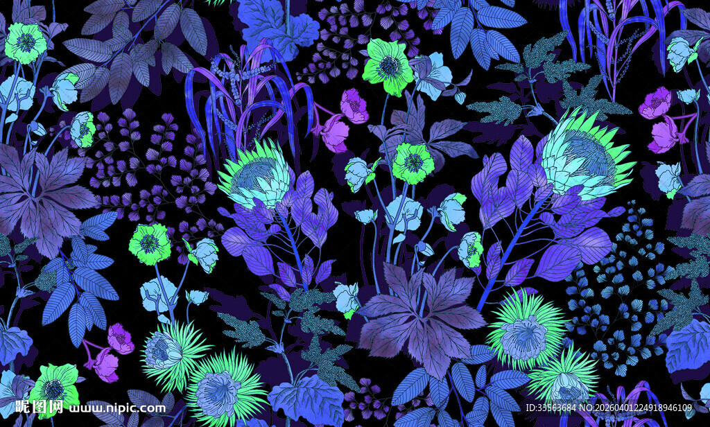 梦幻蓝紫花卉图案背景