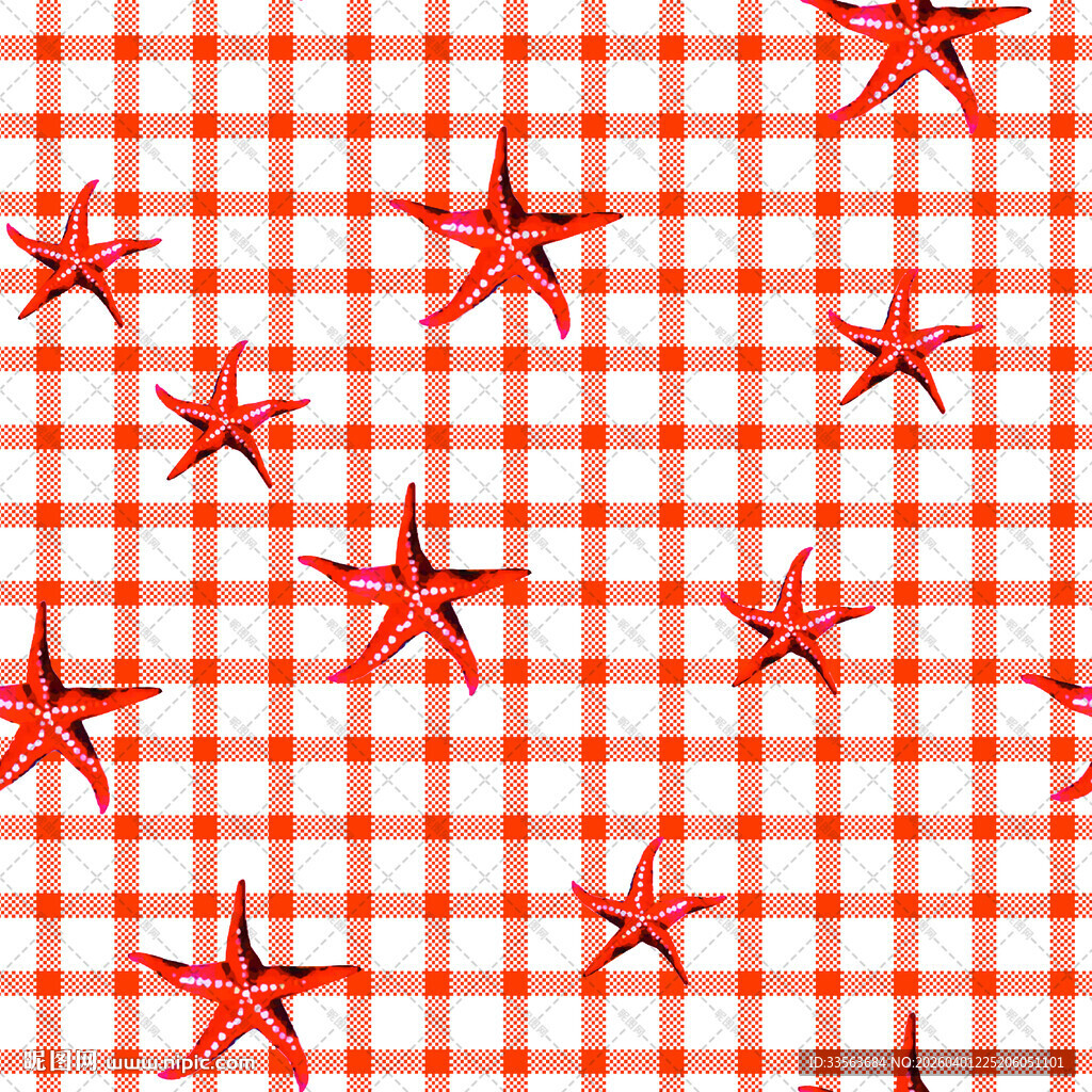 红白格纹上的红色海星图案