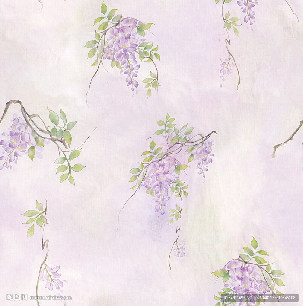 淡紫色紫藤花墙面装饰图案