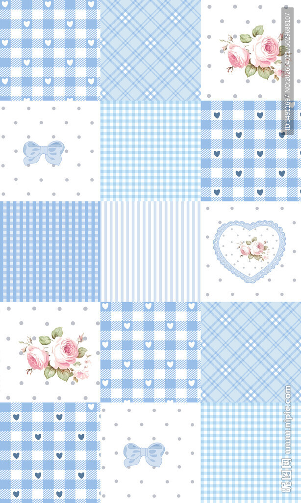 蓝白花卉蝴蝶结图案布料