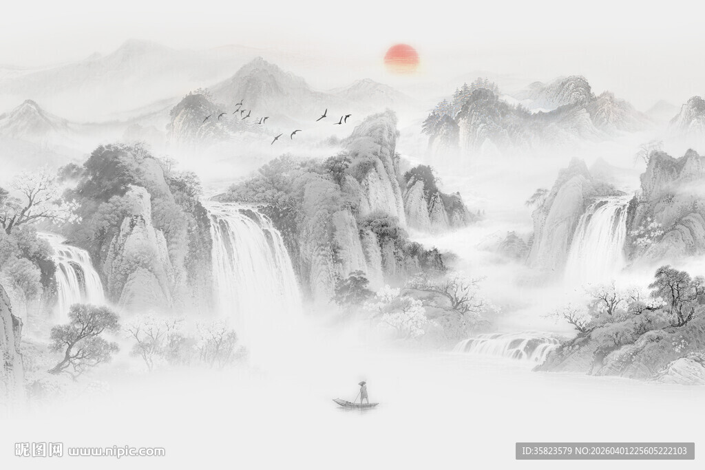 意境水墨山画背景壁画