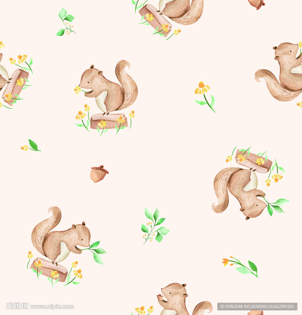 松鼠花卉无缝图案背景