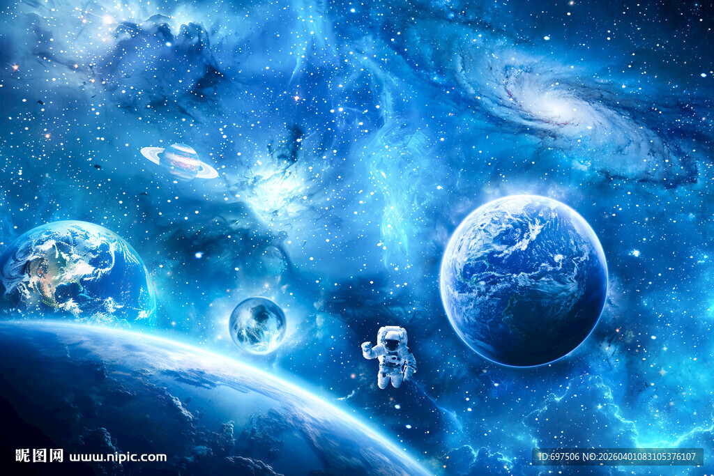 蓝色宇宙星空太空宇航员星球背景