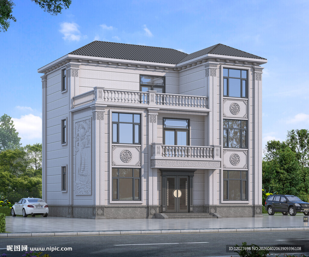 新中式风格三层别墅外观设计图