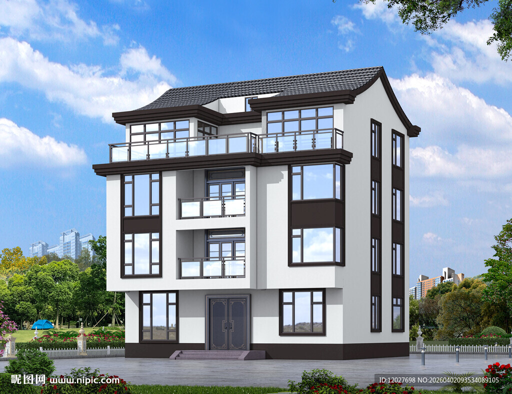 中式现代风格三层别墅设计效果图