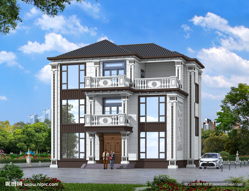 中式风格三层别墅外观设计效果图