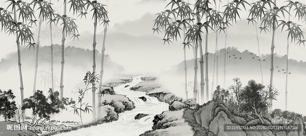 新中式水墨竹子背景墙竹林装饰画