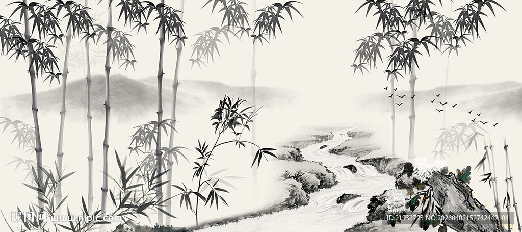 新中式水墨竹子背景墙竹林装饰画