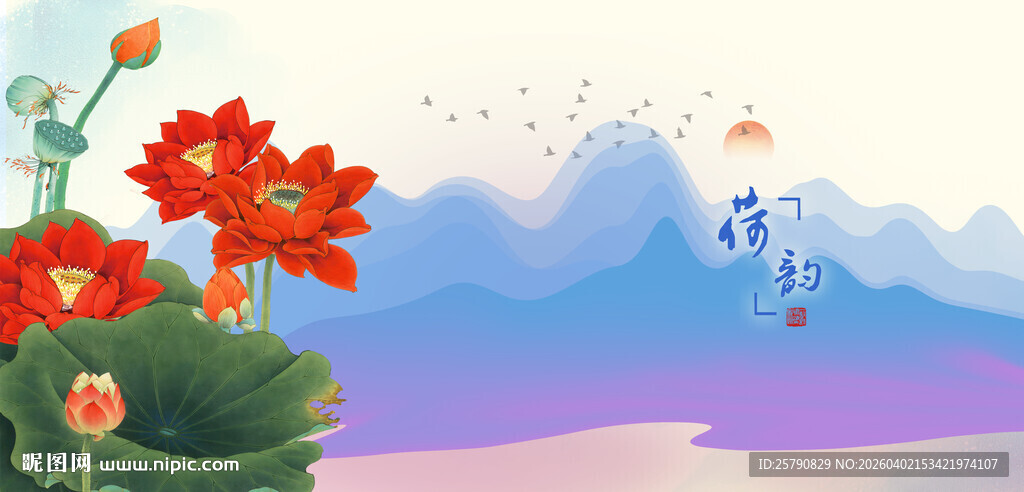 莲花梦幻荷花与飞鸟景象