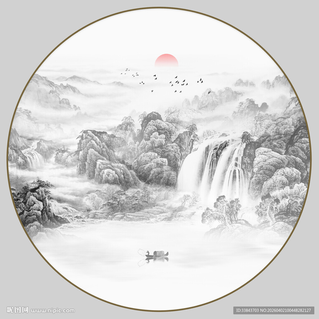 圆形山水水墨画