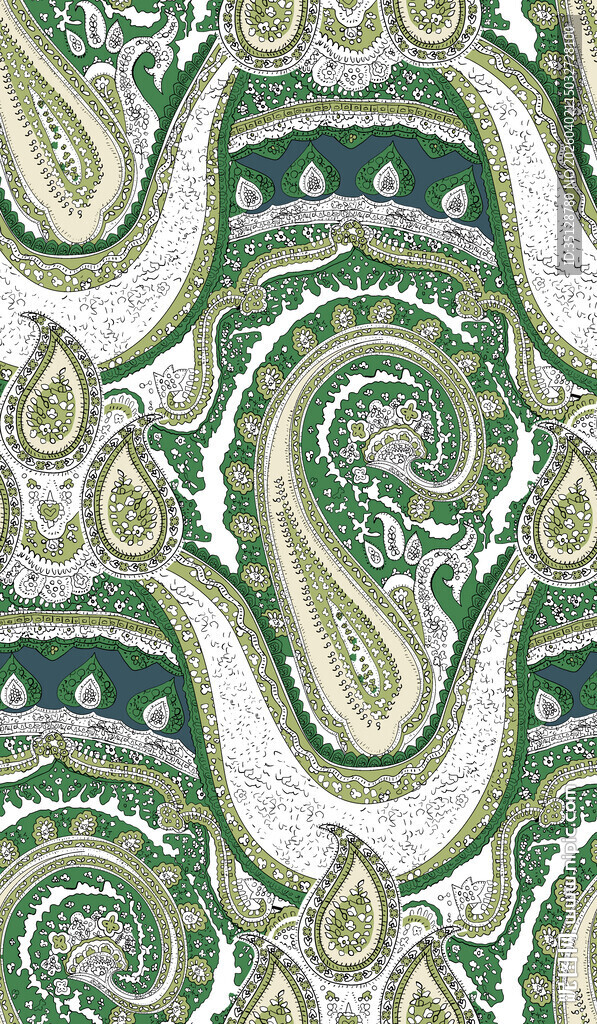 复古风绿色佩斯利花纹图案