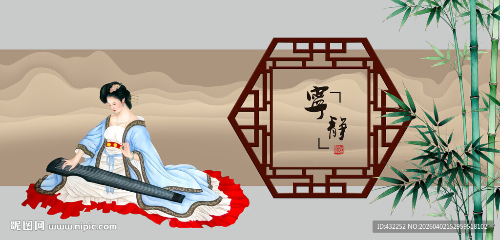 古装女子抚琴优雅场景