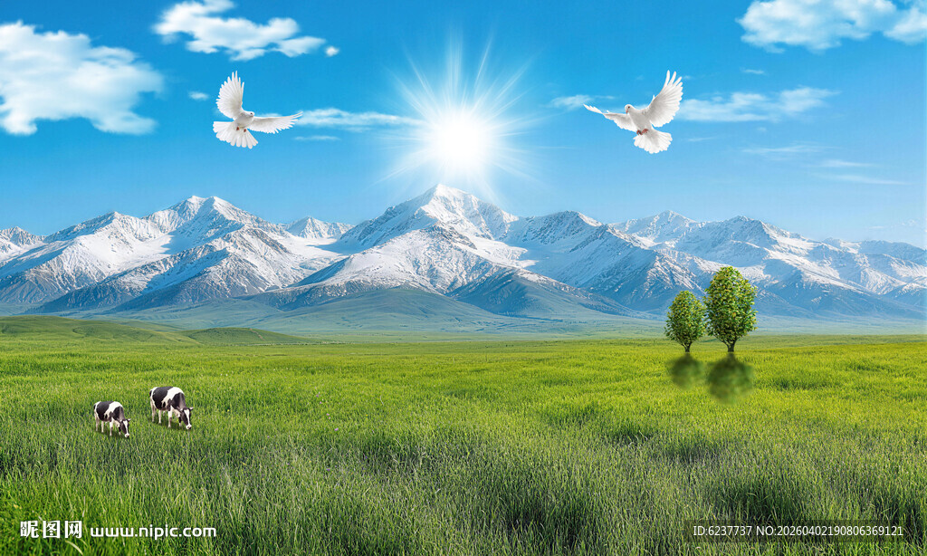 蓝天白云雪山大草原