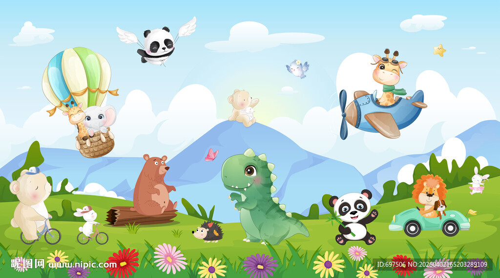 卡通天空山脉可爱动物儿童背景墙