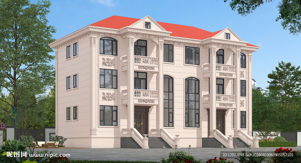 三层半双拼别墅外观设计效果图