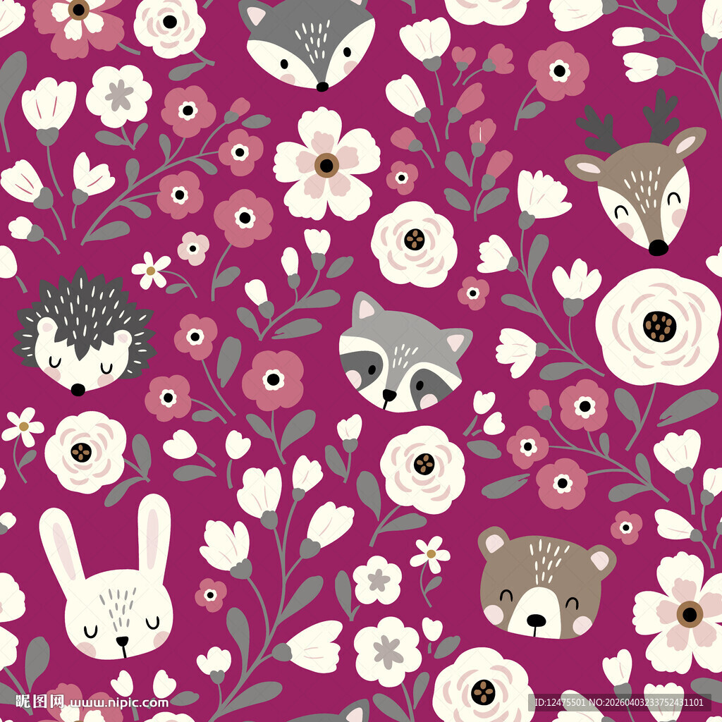 紫色背景动物花卉图案