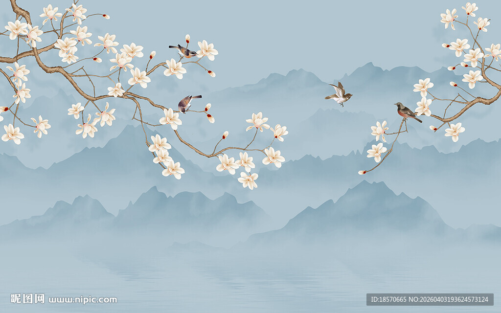 水墨山水间的繁花飞鸟