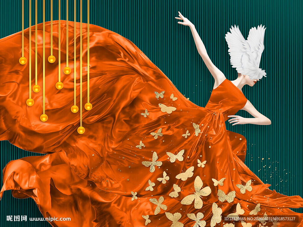 飘逸橙衣舞者与白鸽共舞抽象