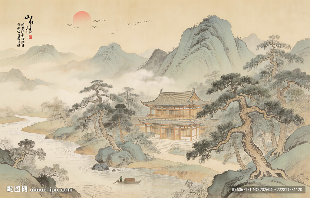 中式古风古典山水画背景