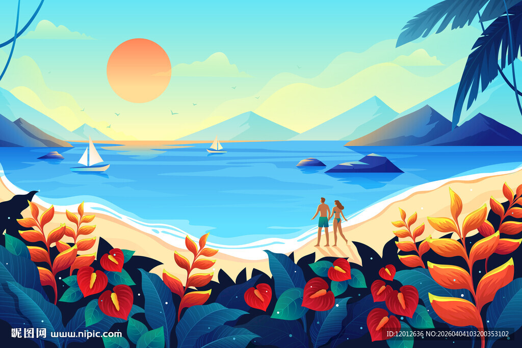海边落日美式插画