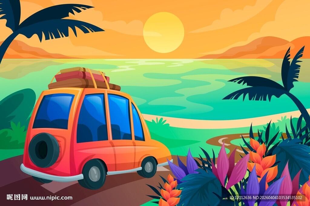 落日椰林复古车