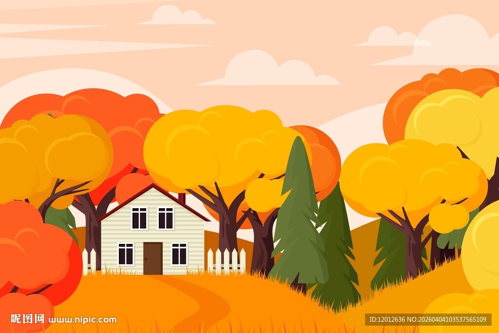 秋日林间小屋美景