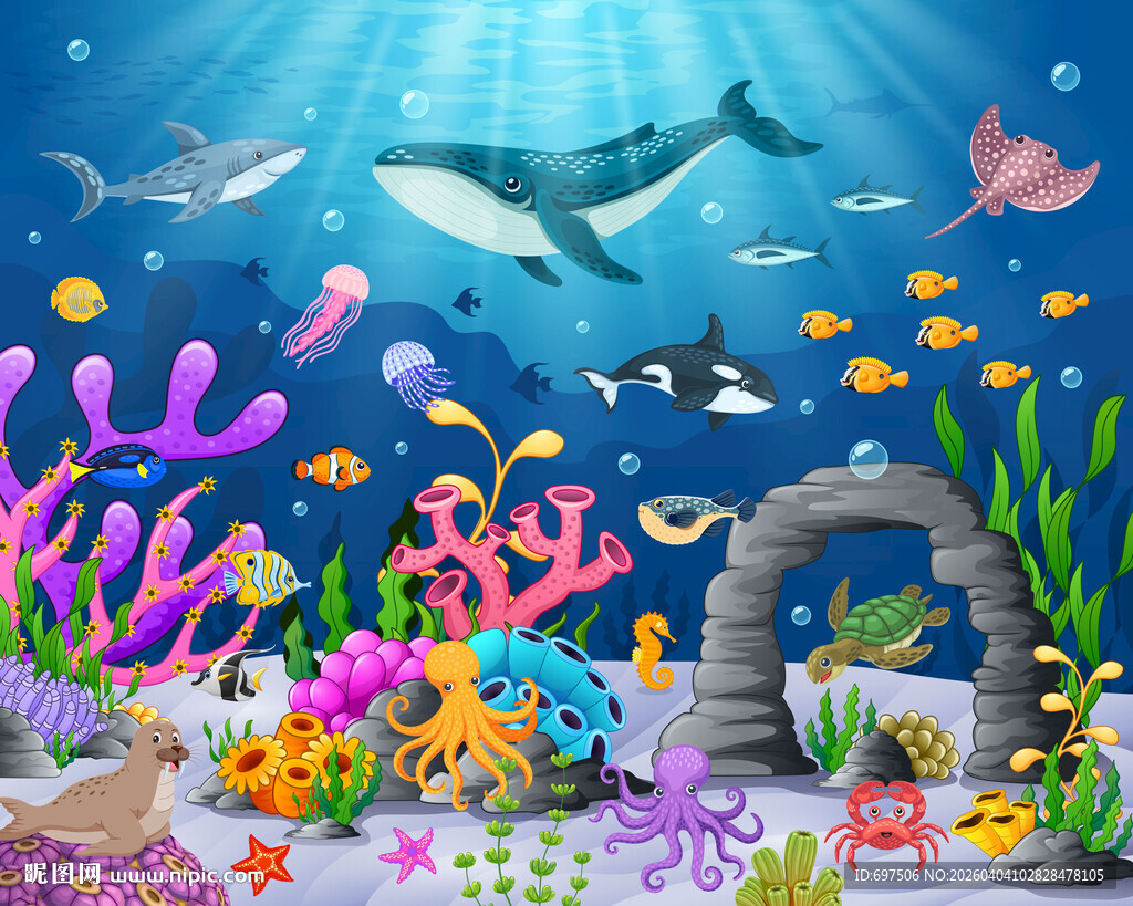 卡通海底景观鲸鱼珊瑚海洋背景墙