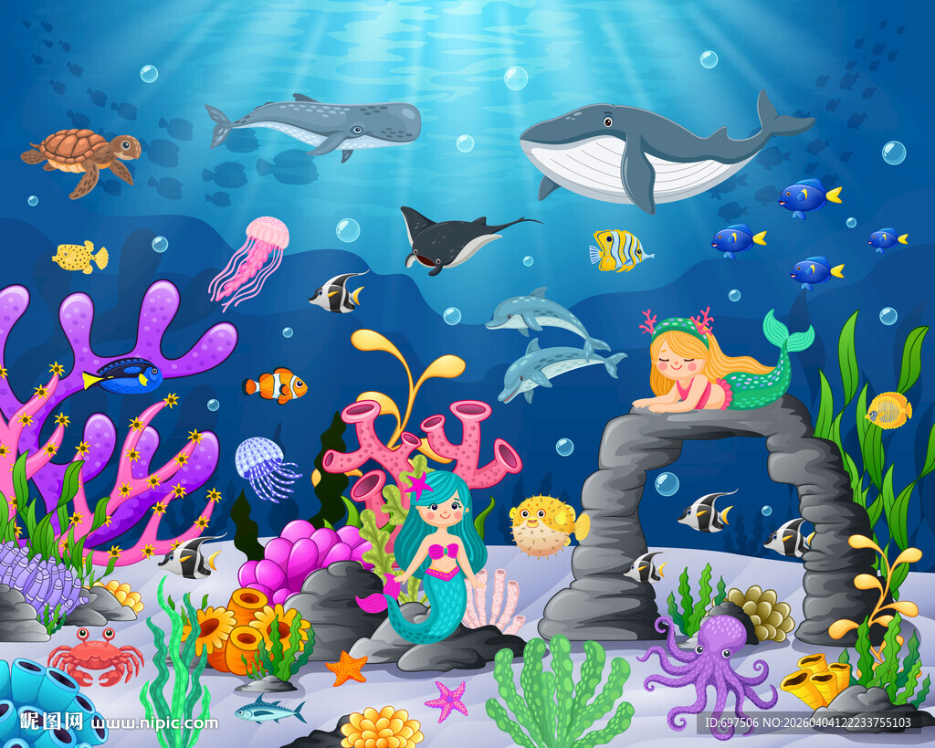 海底世界卡通美人鱼鲸鱼珊瑚背景