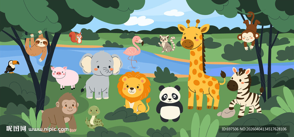 卡通森林可爱动物乐园儿童背景墙