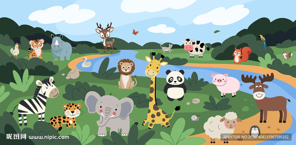 可爱动物世界卡通森林儿童背景墙