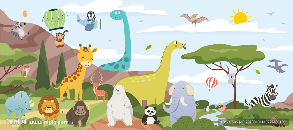 可爱动物世界卡通山脉儿童背景墙