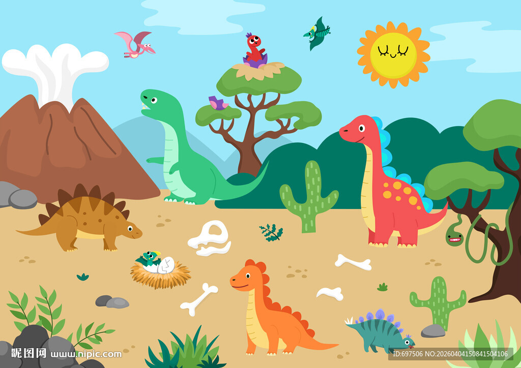 手绘火山卡通恐龙世界儿童背景墙