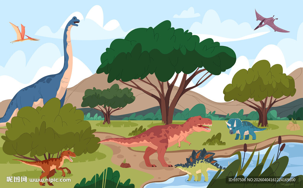 手绘侏罗纪恐龙卡通森林儿童背景