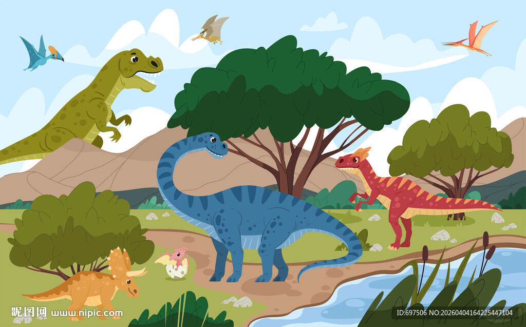 远古森林恐龙卡通山峰儿童背景墙