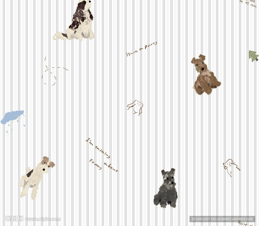 条纹背景上的可爱狗狗图案