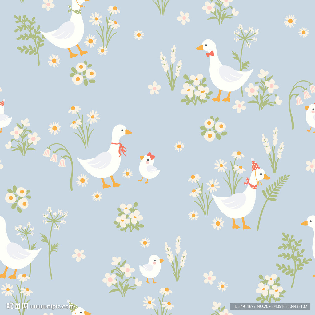 清新田园风鸭子花卉图案
