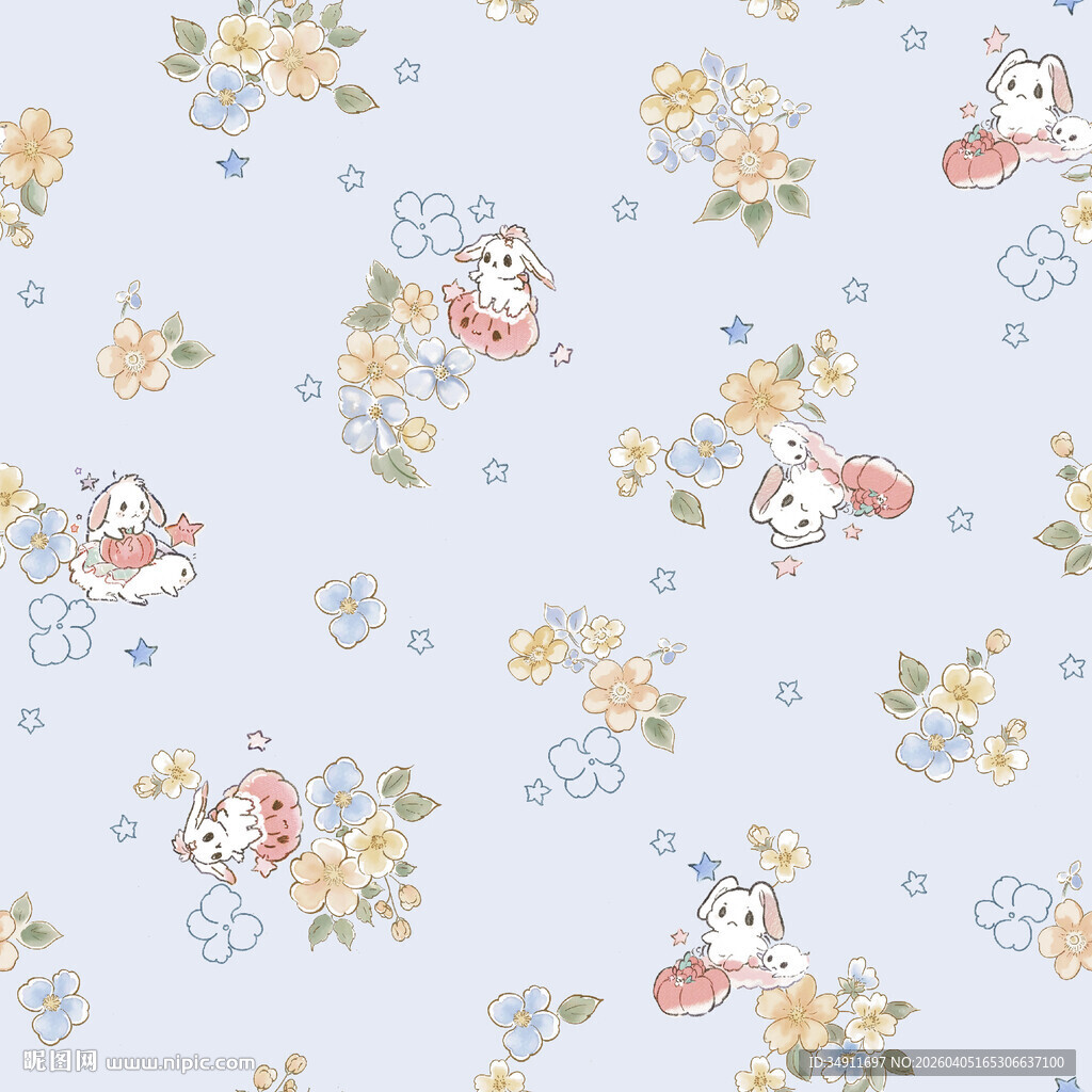 浅蓝色花卉猫咪图案背景