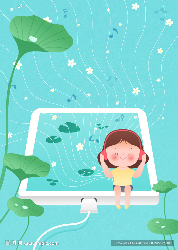 女孩荷叶听音乐梦幻音符教育插画