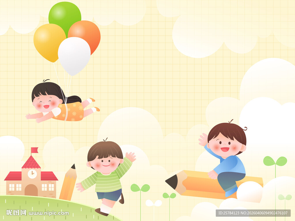 儿童节骑铅笔气球去学校教育插画
