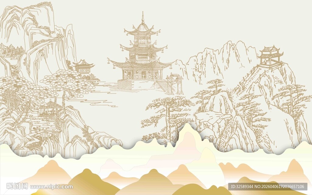 中式山水楼阁浮雕背景图