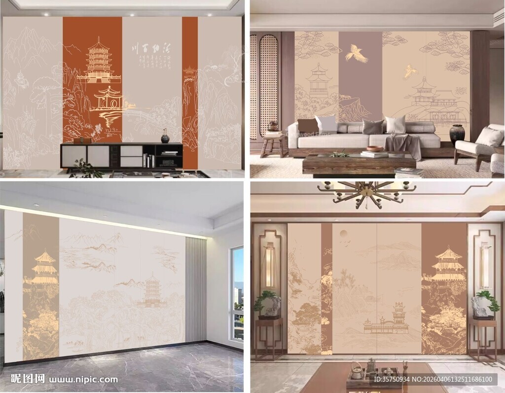 新中式背景墙布