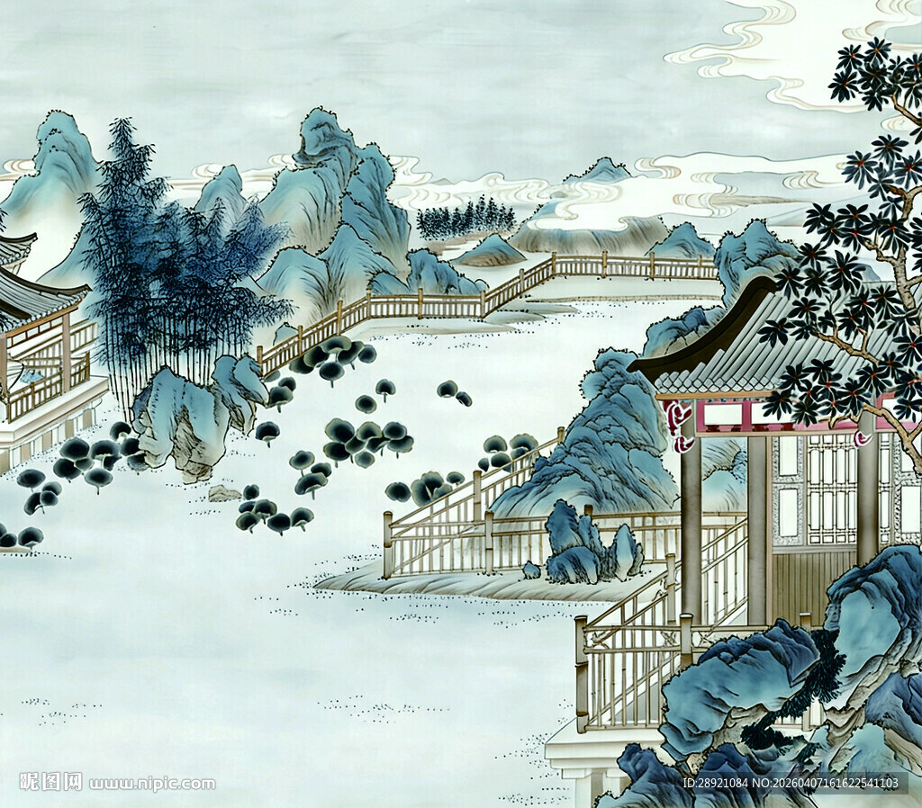 水墨古风园林山水图景