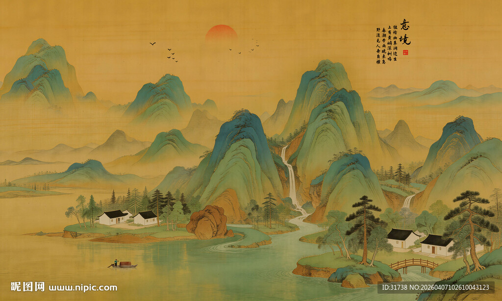 中式古画千里江山图壁画壁纸