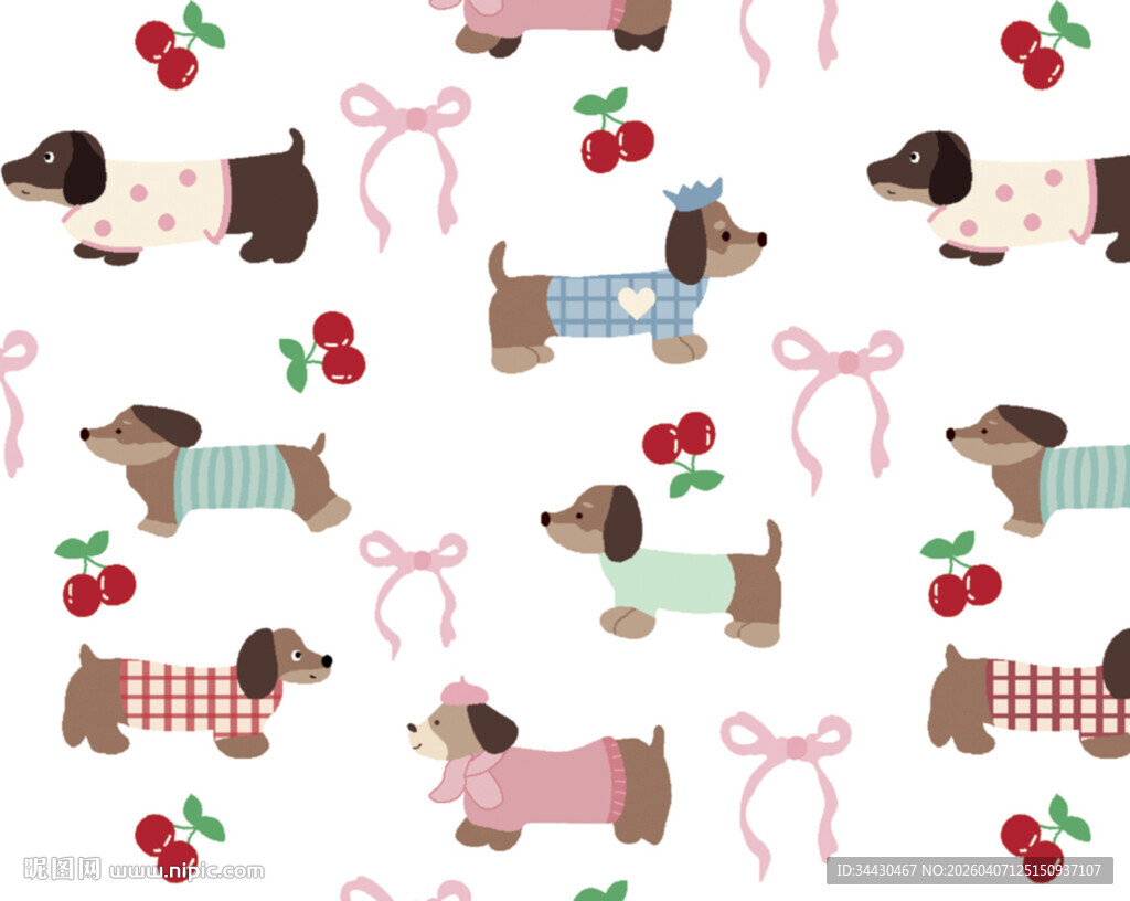 可爱腊肠犬与樱桃图案背景