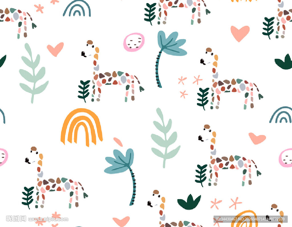 可爱动物植物多彩图案背景